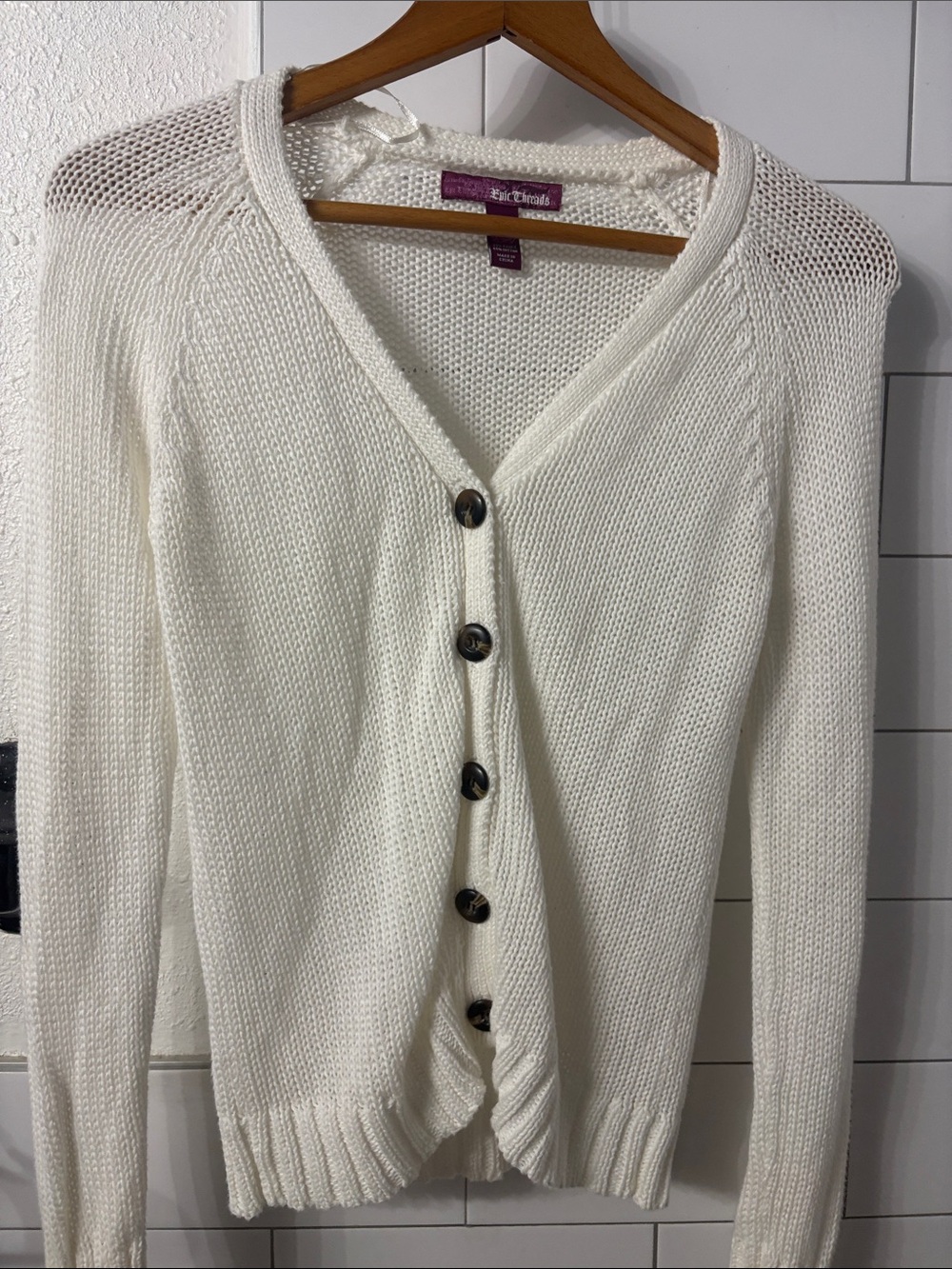 Epic Threads Ivory Open-Knit V-Neck Button Cardigan
